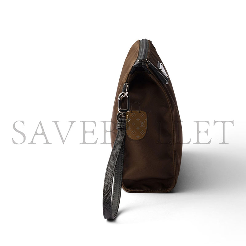 PRADA BROWN RE-NYLON AND SAFFIANO LEATHER NECESSAIRE 2NE789 (22*17*6.5cm)